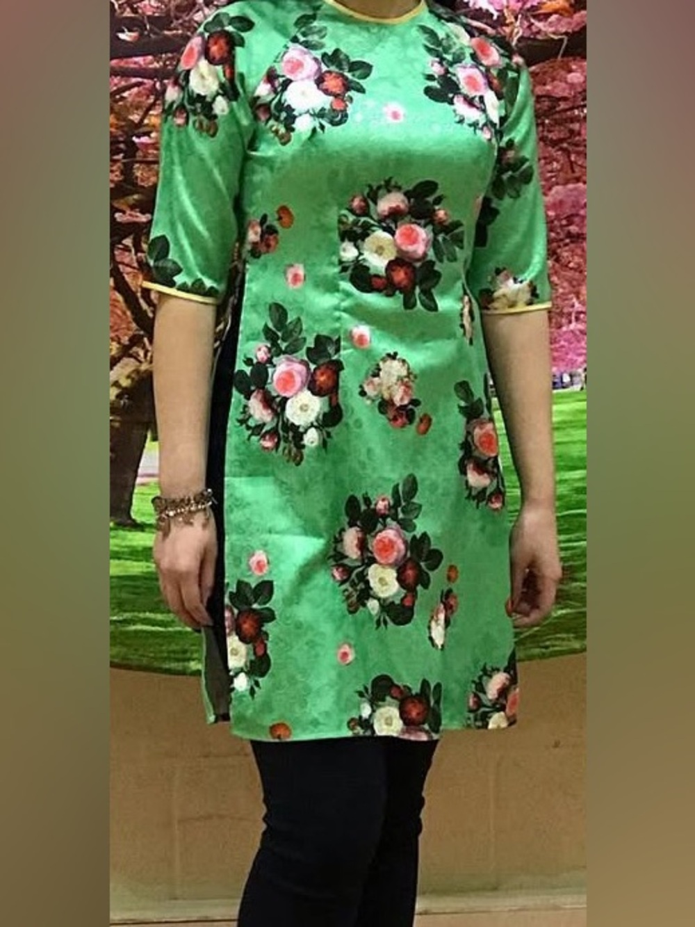 Floral Print Green Women's Ao Dai Maxi Dress